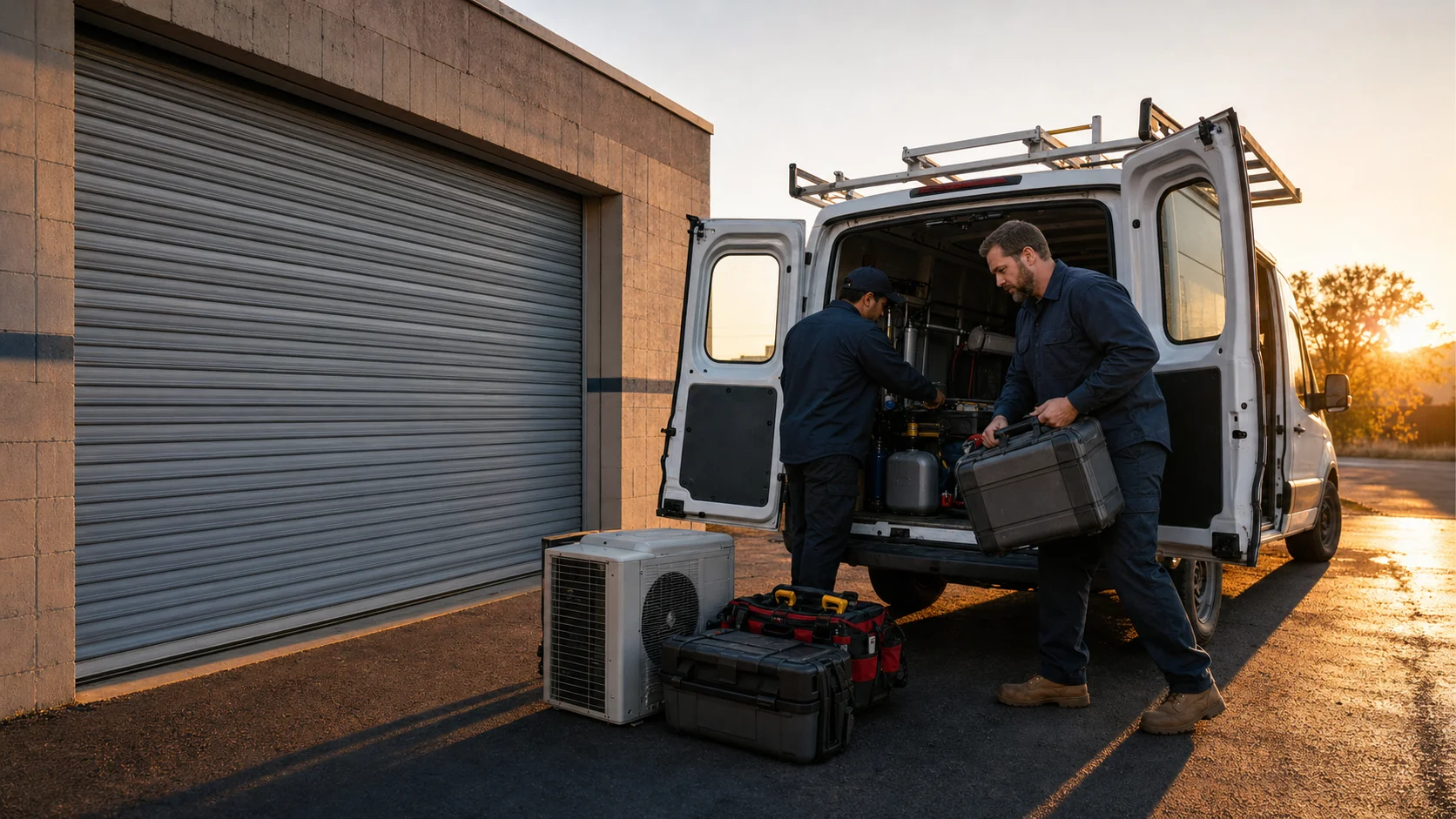 Crew loading the van at sunrise outside the shop