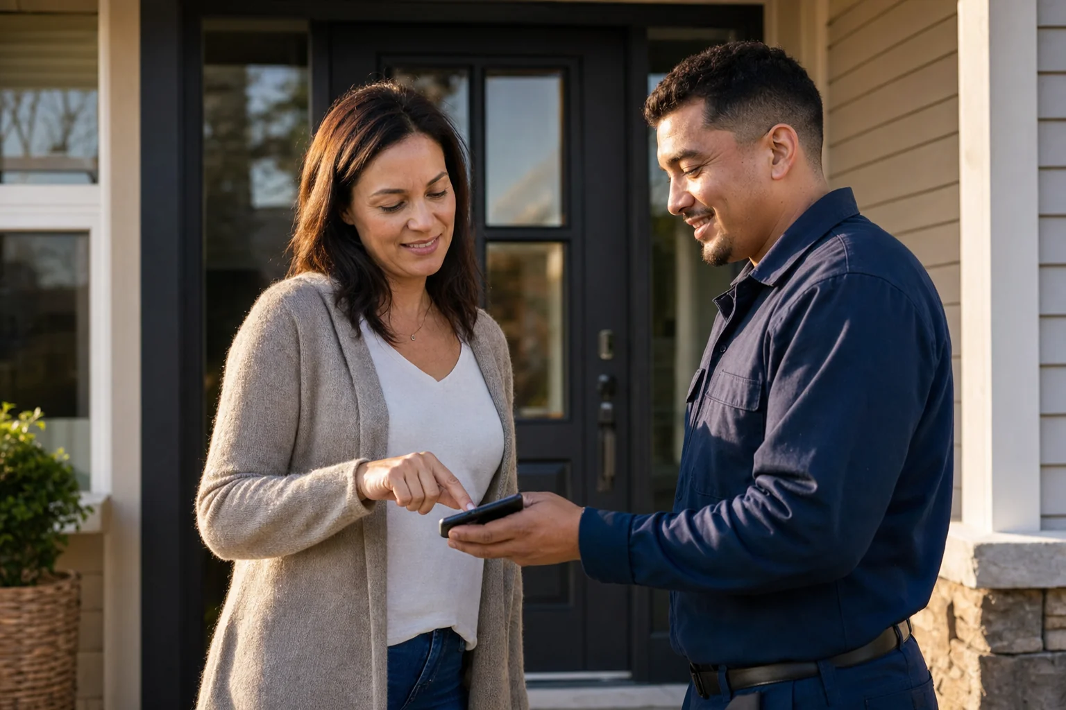 Homeowner approving and signing an estimate on a phone at her front door