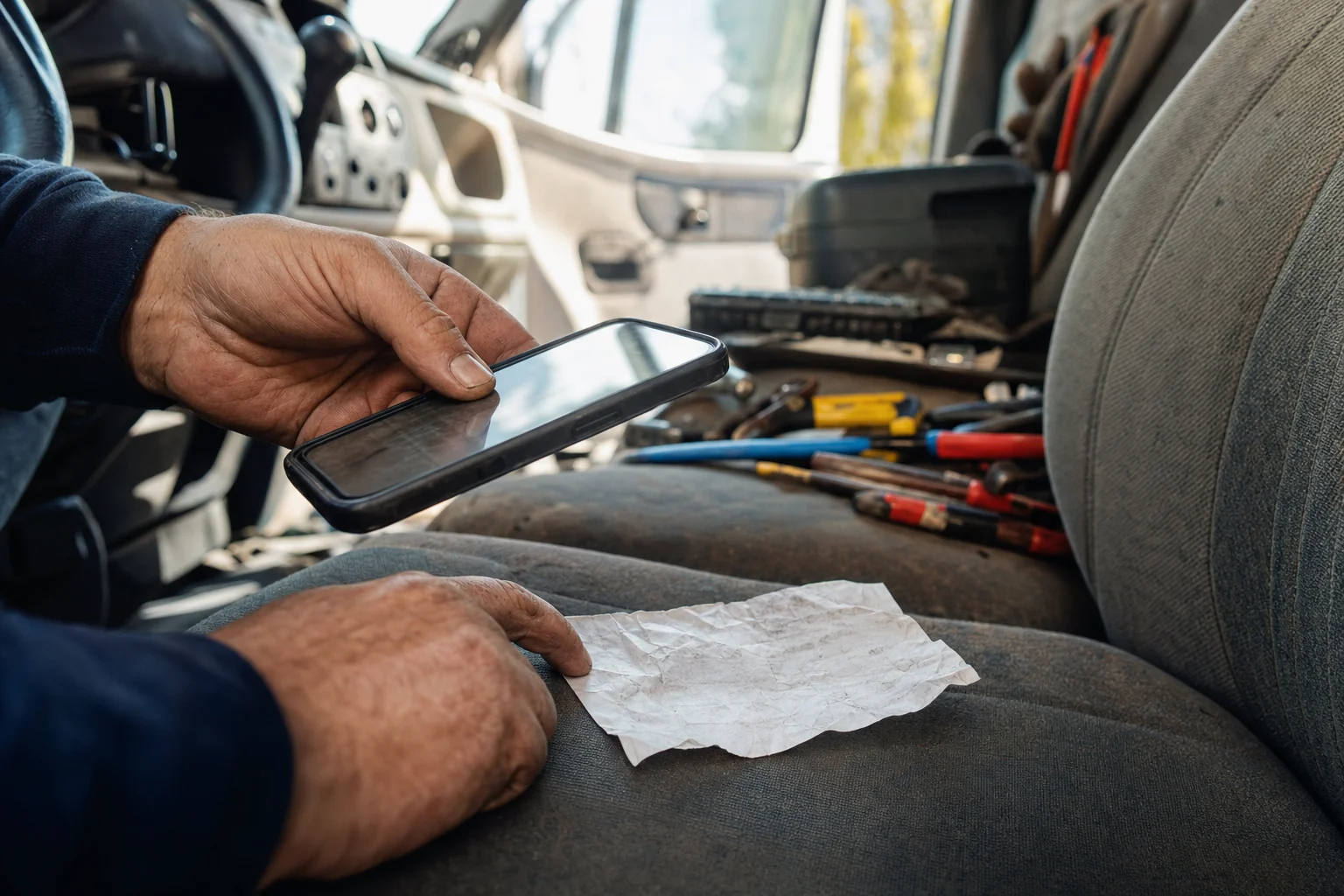 Snapping a photo of a paper receipt from the front seat of a work van